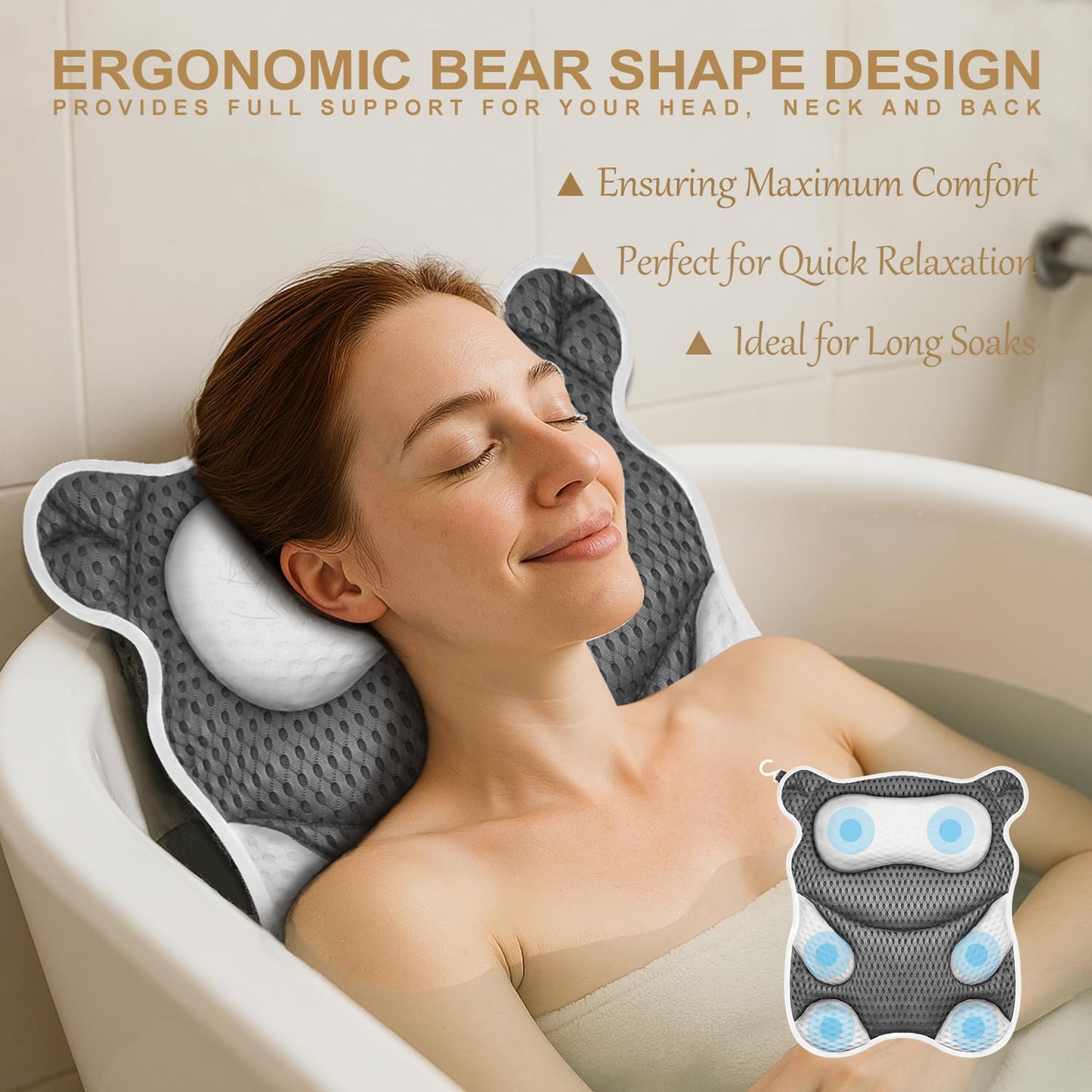 ZYIDBNG Bath Pillow for Tub Ergonomic Bear Shape Design Bath Pillow for Head and Neck Support SPA Gift Bathtub Pillow 4D Air-Mesh with 8 Suction Cups Washable Gray