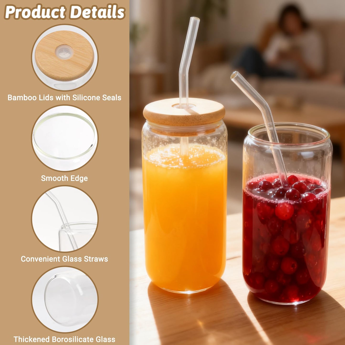 Alotpower Borosilicate Glass Cups with Lids and Straws, 16 oz Reusable Tumbler Set (4-Pack) Includes Bamboo Lids, Glass Straws & Brush for Iced Coffee, Bubble Tea, Cold Beer, Juice