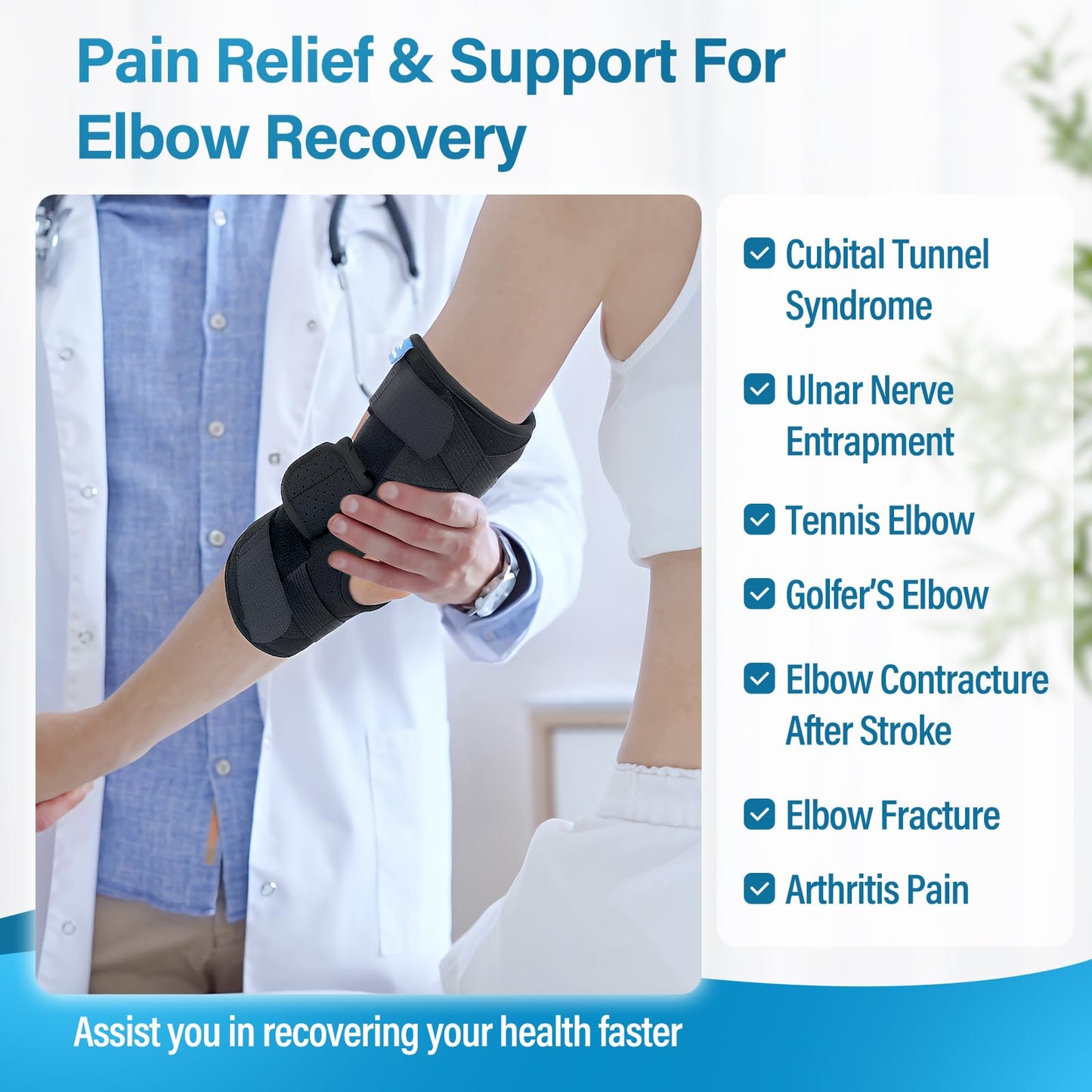 Chonario Cubital Tunnel Elbow Brace – Ulnar Nerve Splint, Adjustable Elbow Immobilizer Elbow Splint for Sleeping & Day Use, Fits Left & Right Arms (L)