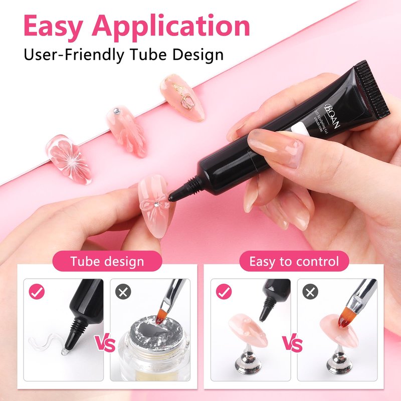 BQAN 3D Nail Sculpting Gel Kit, 2x10g UV Gel No-Wipe Formula with Chrome Powder, Professional Nail Art Gel for Salon DIY Design, Rhinestone Application & Gel Manicure (Clear)