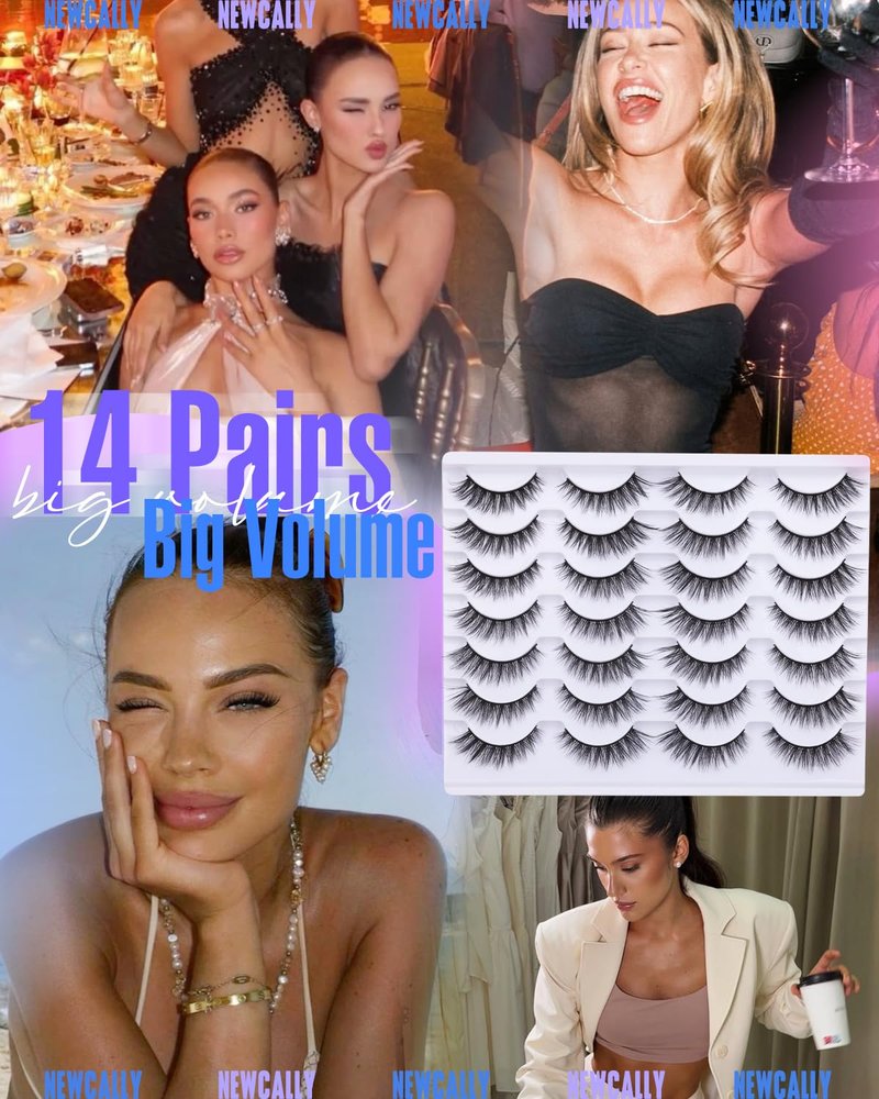 False Eyelashes Cat Eyes | Wispy Natural Faux Mink Lashes - 14 Pairs Multipack