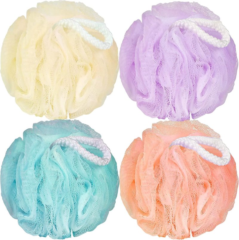 Exfoliating Bath Loofah Sponge - Mesh Pouf Shower Scrubber | 4-Pack Colorful Body Scrubbers for Men & Women