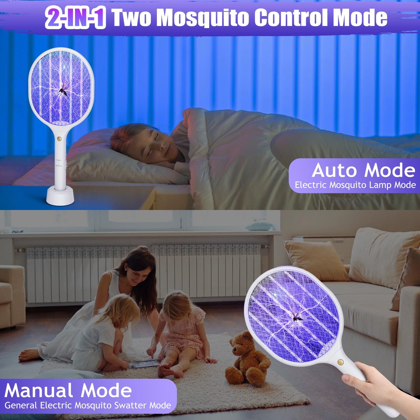 2 PCS 3000V Electric Fly Swatter Racket, 2 in 1 Bug Mosquito Killer Zappers USB Rechargeable, 1200mAh Mosquitoes Killer Lamp & Fly Zappers with 3 Layer