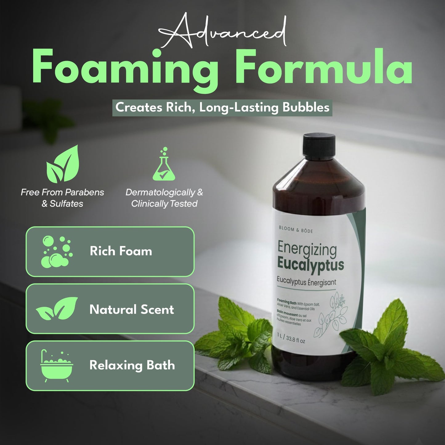 Luxury Foaming Bath - Natural Scented Bubble Bath with Essential Oils and Epsom Salt - Energizing Eucalyptus Scent, 33.8 fl oz / 1L
