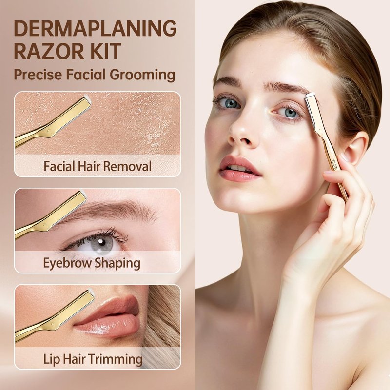 Metal Face Razor for Women - Dermaplaning Tool with 16 Replacement Blades | Gold Eyebrow Trimmer & Facial Hair Remover