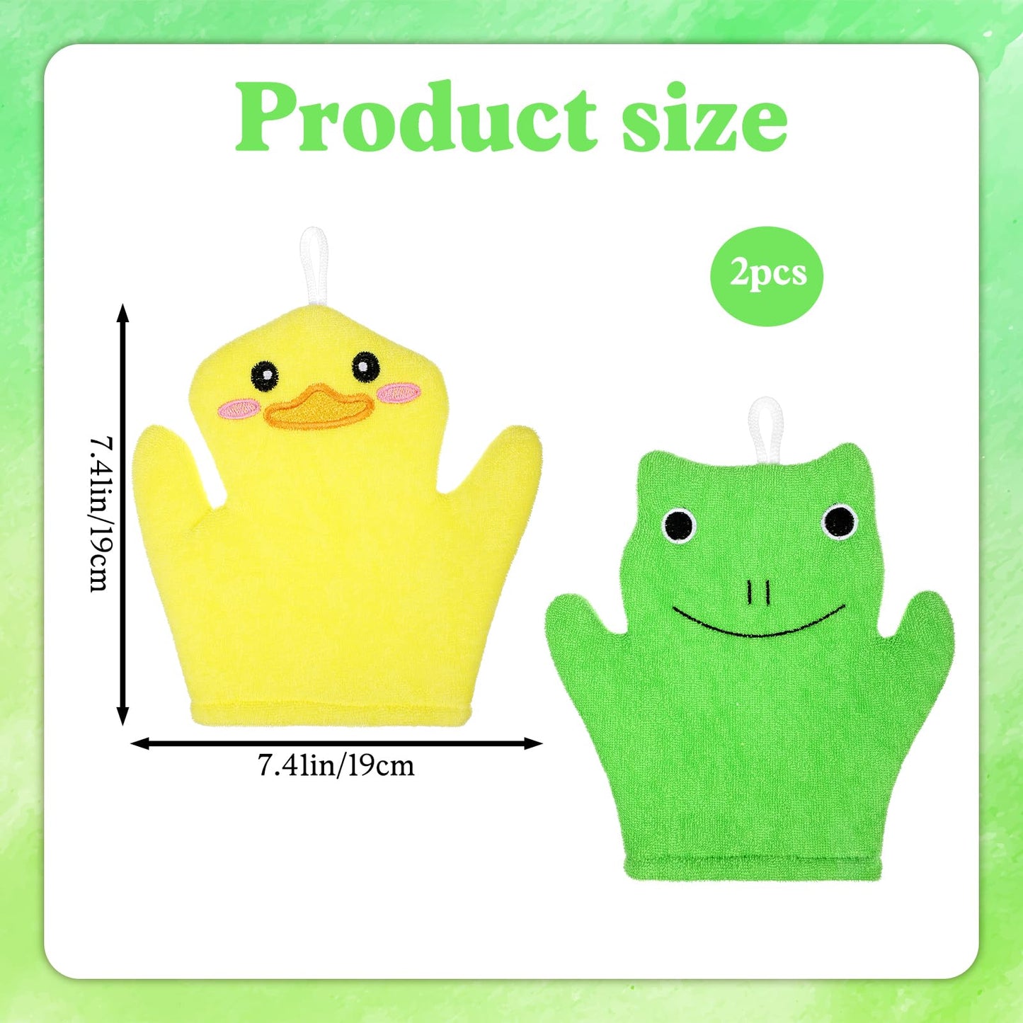 FNANJWQ 2 Pieces Baby Bath Mitt Washcloths Gloves, Microfiber Soft Washcloths for Kids Designed in Cute Animal Yellow Duck Frog Gentle Scrub for Baby Girl Boy Bath Shower