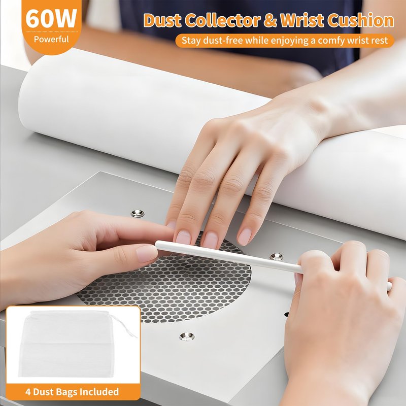 HolaiNail Manicure Table with Dust Collector, L-Shaped Nail Desk with Mobile Desktop, LED Light, Glass Display Rack, Storage Cabinets and Drawers for Home Spa Beauty Salon Nail Station, White