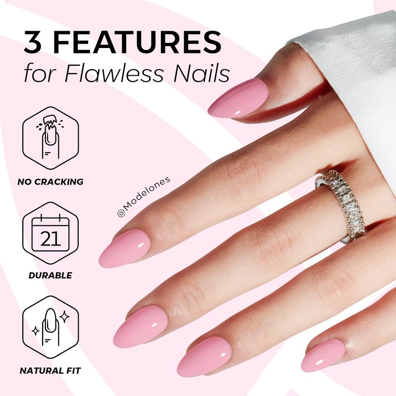 Modelones Pink Press on Nails Almond, Summer Short Almond Fake Nails, Reusable Nail Kit with Nail Glue Adhesive Tabs Mini Nail File, Nails Press Ons 32Pcs 16 Sizes