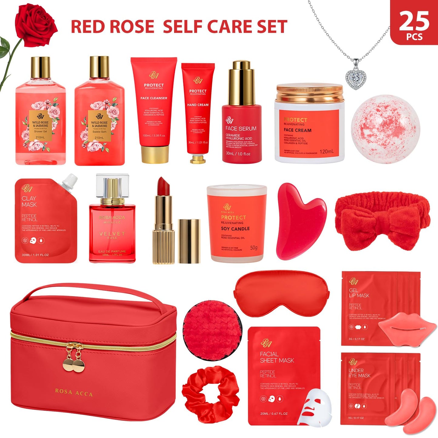 25 Pcs Mother's Day Gift, Red Rose Bath & Body Gift Basket Set for Women, Hydrating Skin Care Set, Home Spa Self Care Gifts, Cosmetic Bag, Necklace, Christmas, Birthday, Anniversary