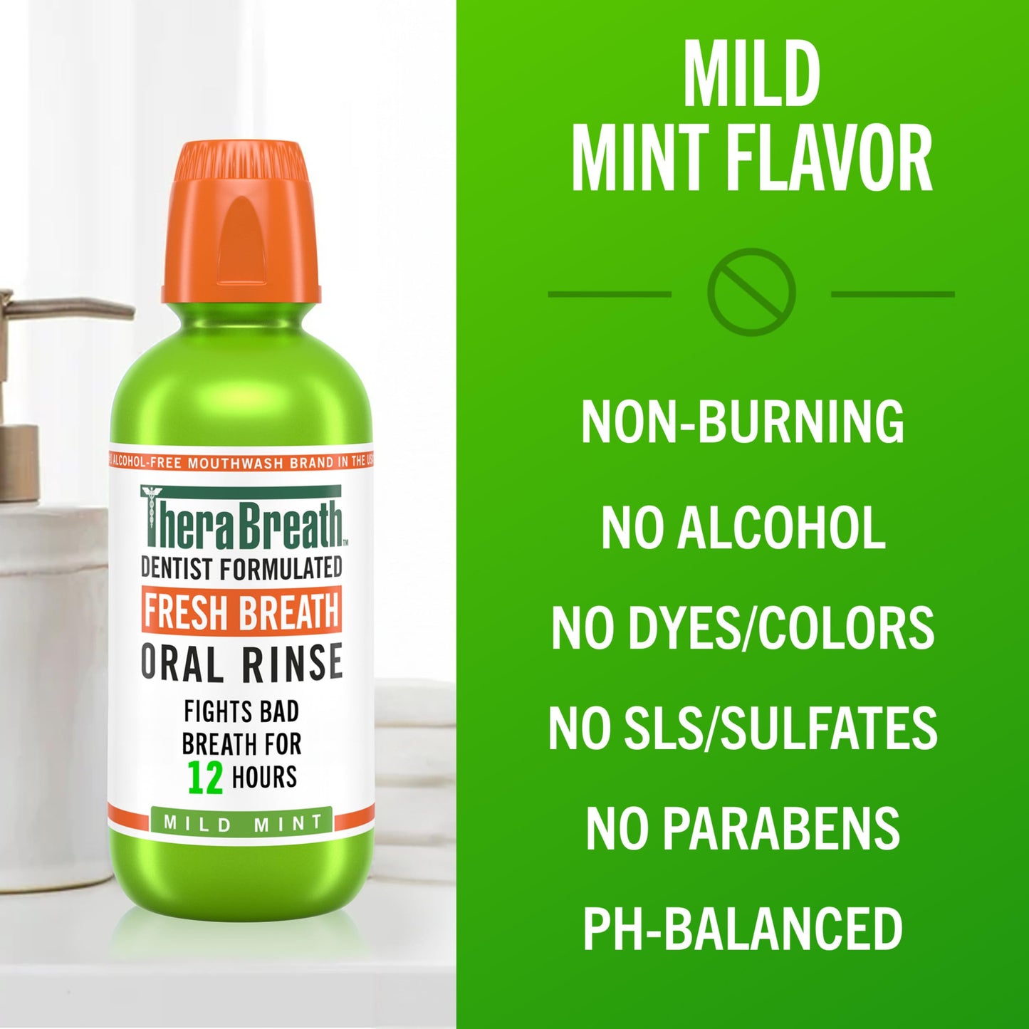 TheraBreath Fresh Breath Mouthwash, Mild Mint, Alcohol-Free, 1 Liter