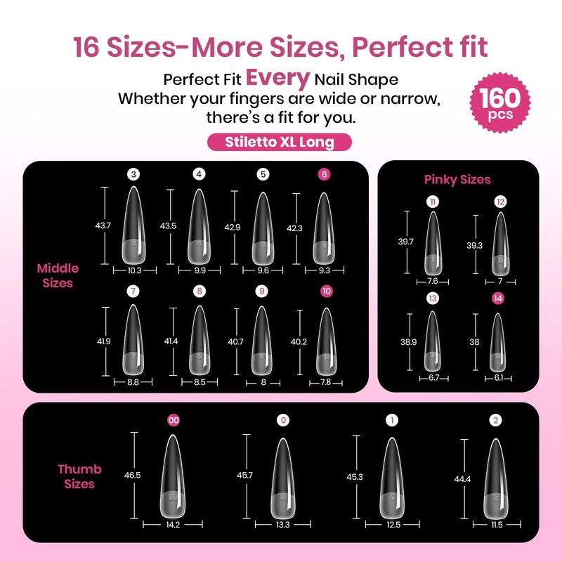 Beetles Tipex Lite Instant Apex Nail Tips, XL Long Stiletto, 16 Sizes | 00–14, 160PCS, Built-in Apex Acrylic Tips for Flat & Natural Nail Beds, Beginner-Friendly Easy DIY Nail Extensions
