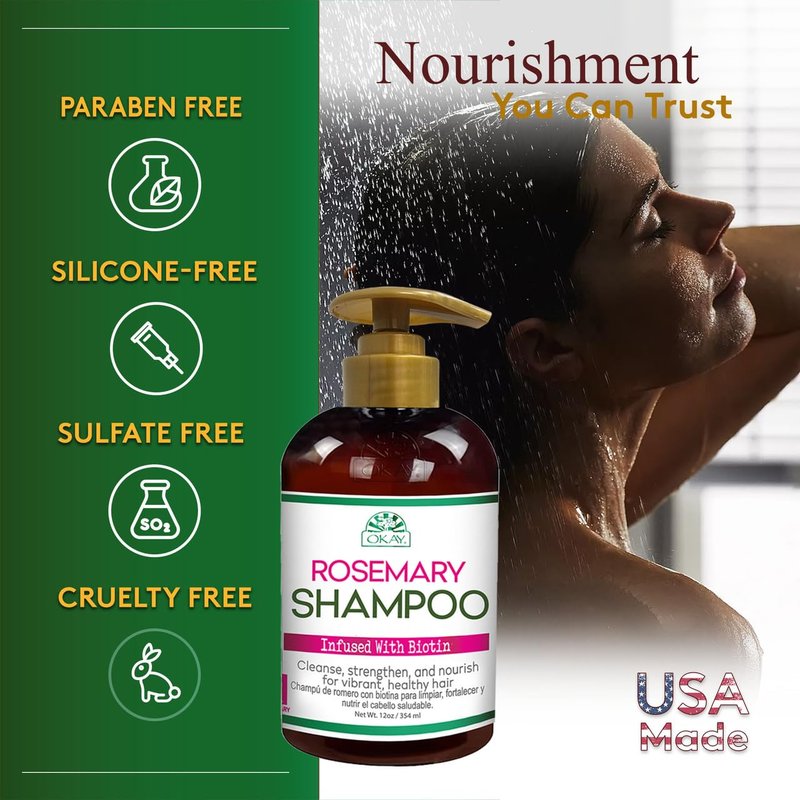 OKAY Rosemary Shampoo with Biotin 12oz – Hair Growth & Strengthening Shampoo, Cleanses Scalp, Reduces Breakage, Moisturizes & Adds Shine, Sulfate Paraben Free for All Hair Types