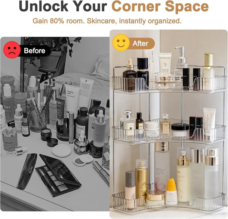 Corner Bathroom Counter Organizer - 3-Tier Clear Vanity Shelf for Makeup & Spice Storage