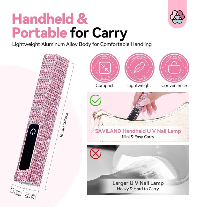 SAVILAND Glitter UV Nail Lamp - 12W Handheld Gel Light with LCD Screen | Fast 8X Cure for Home Salon Use