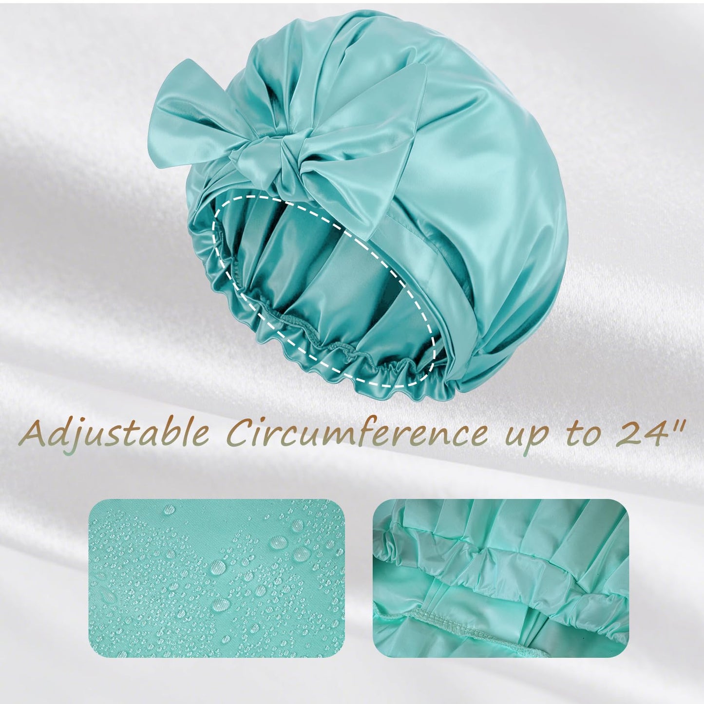 TUVATU Shower Cap for Women Reusable Waterproof, Large Satin Shower Bonnet, Washable Bath Hat for Long Hair, Braids, Curly Hair, Aqua