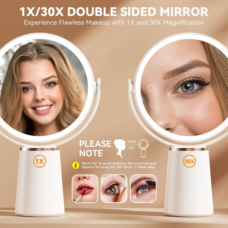Auxmir Makeup Mirror - Double-Sided 30X/1X Magnifying Lighted Vanity Mirror | Rechargeable & Dimmable