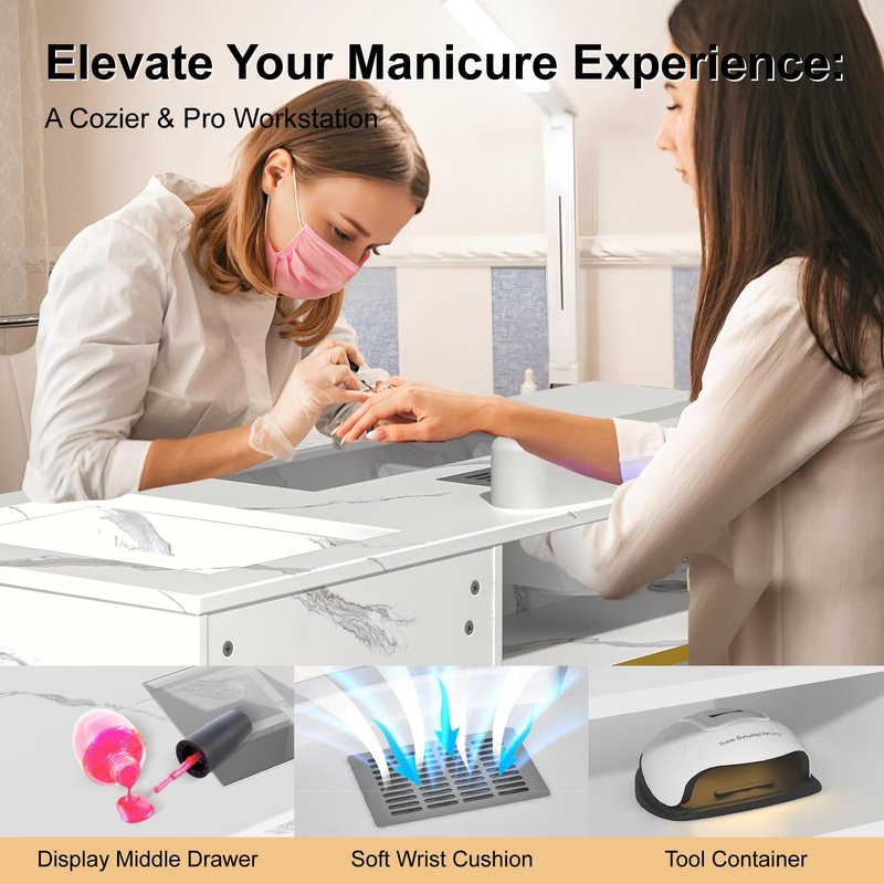 ELEVACHIC Manicure Table Nail Desk w/Electric Dust Collector, Glass Top Versatile Manicure Station for Nail Tech, Includes Wrist Cushion, Storage Cabinet & Drawers, Shelves, for Salon & Home, White