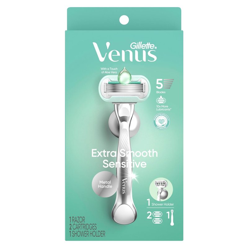 Gillette Venus Extra Smooth Sensitive Razor for Women, Includes 1 Reusable Razor Handle + 2 Refills, for Sensitive Skin with Metal Handle and Shower Holder