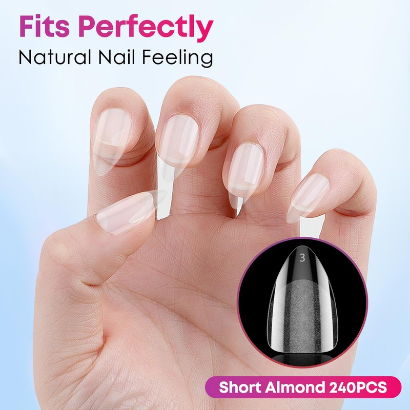 Almond Soft Gel Nail Tips, 240Pcs Pre Etched Clear Fake Nails Short Almond Shape, 12 Sizes Half Matte Full Cover Acrylic Press on Flase Tip Nail for Extension Nail Manicure Home DIY with Box