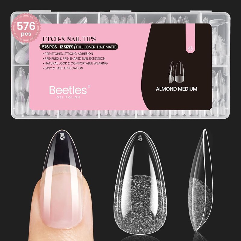 Beetles Medium Almond Nail Tips - 576pcs Pre-Etched Soft Gel | Half Matte Full Cover DIY Extensions