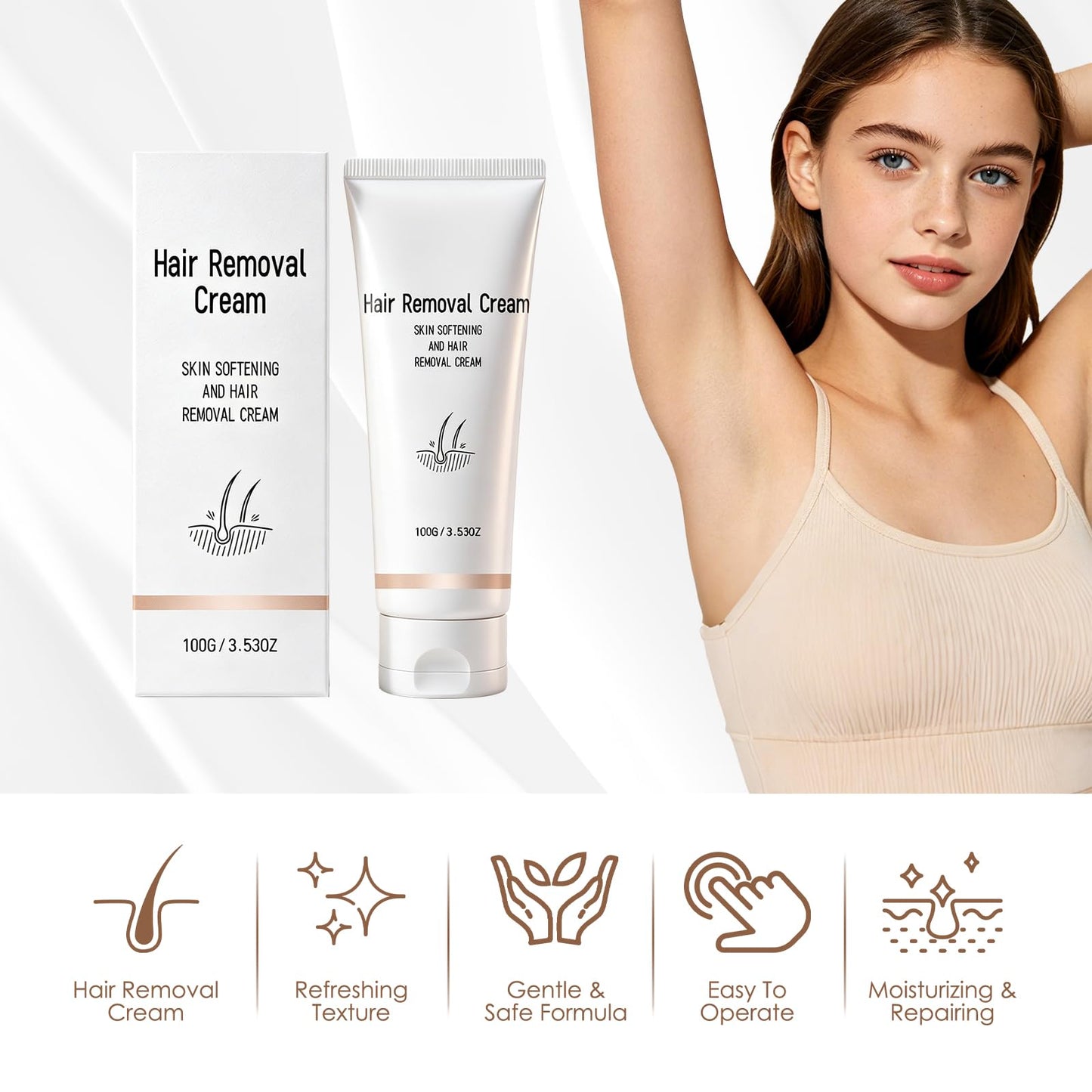 Body Hair Removal Cream for Women - Fast 5-10 Min Painless Depilatory Cream for Sensitive Skin, Moisturizing with Olive & Avocado Oil, Gentle for Underarm Leg Bikini Full Body Hair Removal 3.53oz.
