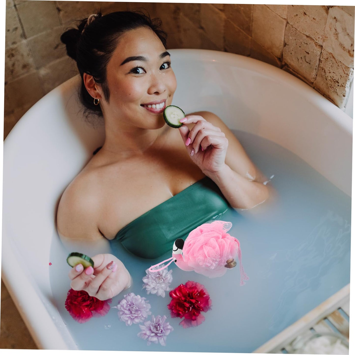 Holibanna Flamingo Bath Pouf Mesh Sponge with Hanging String 9.84X6.29X5.11 Inch Exfoliating Shower Scrubber for Daily Bathing and Travel