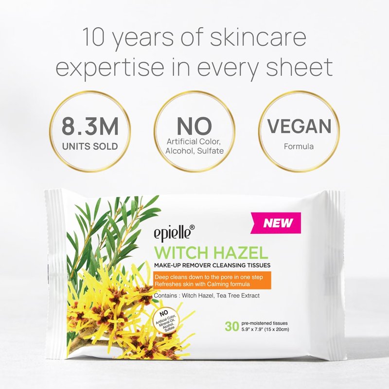 Epielle Witch Hazel Makeup Remover Wipes, Gentle Daily Facial Cleanser Towelettes, Remove Dirt, Oil & Waterproof Mascara, Stocking Stuffers, 30 Count (Pack of 6)