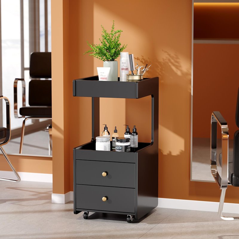 Salon Trolley Cart, Esthetician Cart with 2 Drawer & 2 Trays, 2 Lockable Wheels Hair Styling Station, Tool Organizer Storage Cabinet for Beauty Spa Barbershop, Black