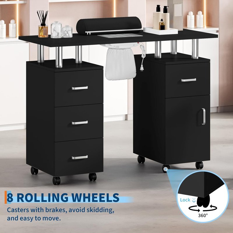 Nail Desk for Nail Tech | Manicure Table with Dust Collector & Hand Rest - Black, Storage Cabinets & Lockable Wheels