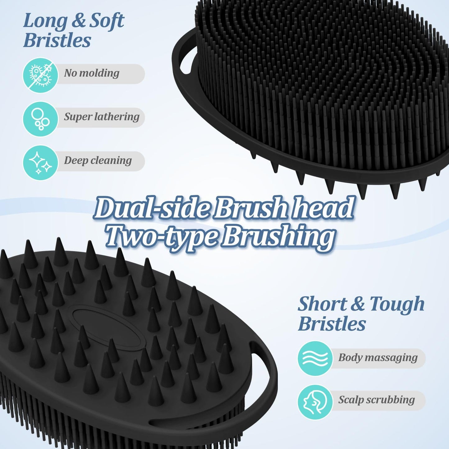 GEENOA Soft Silicone Body Scrubber 2PCS, 2-in-1 Bath & Shampoo Brush with Dual-Side Usage, Hygienic Silicone Loofah Shower Scrubber for Gentle Exfoliating & Good Lathering(Blackx2)