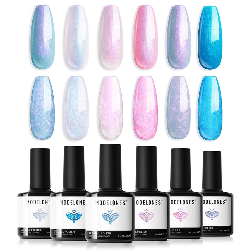 modelones Gel Nail Polish Set 6 Colors Pink Blue Pearl Gel Nail Polish White Pink Blue Shimmer Mermaid Glitter Polish All Seasons Soak Off Nail Drawing Swirl Shell Thread Effect DIY Gift Women Girl