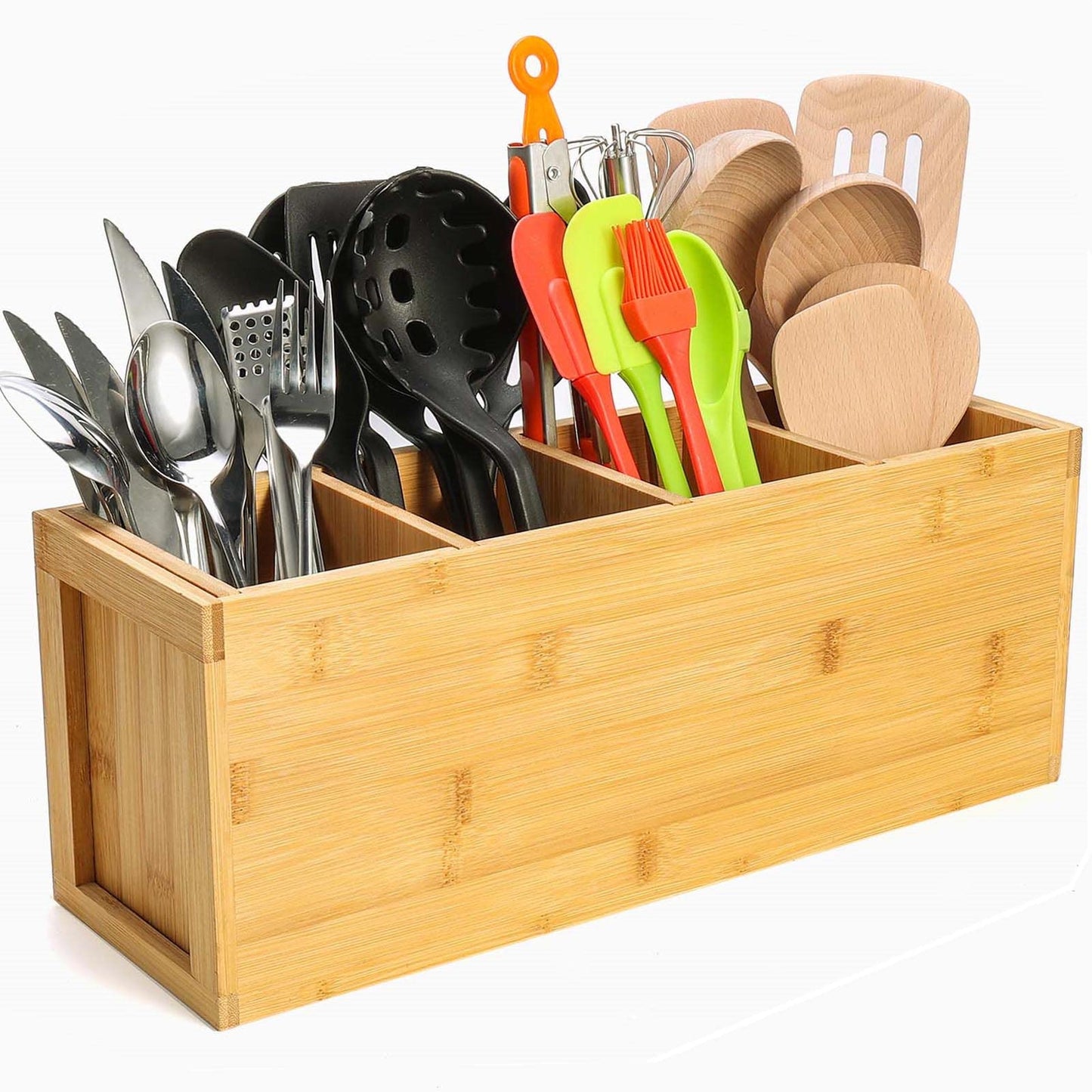 Yumkfoi Extra Large Bamboo Utensil Holder, 4 Section Kitchen Utensil Organizer for Countertop, Cooking Utensil Caddy Farmhouse Utensil Holder