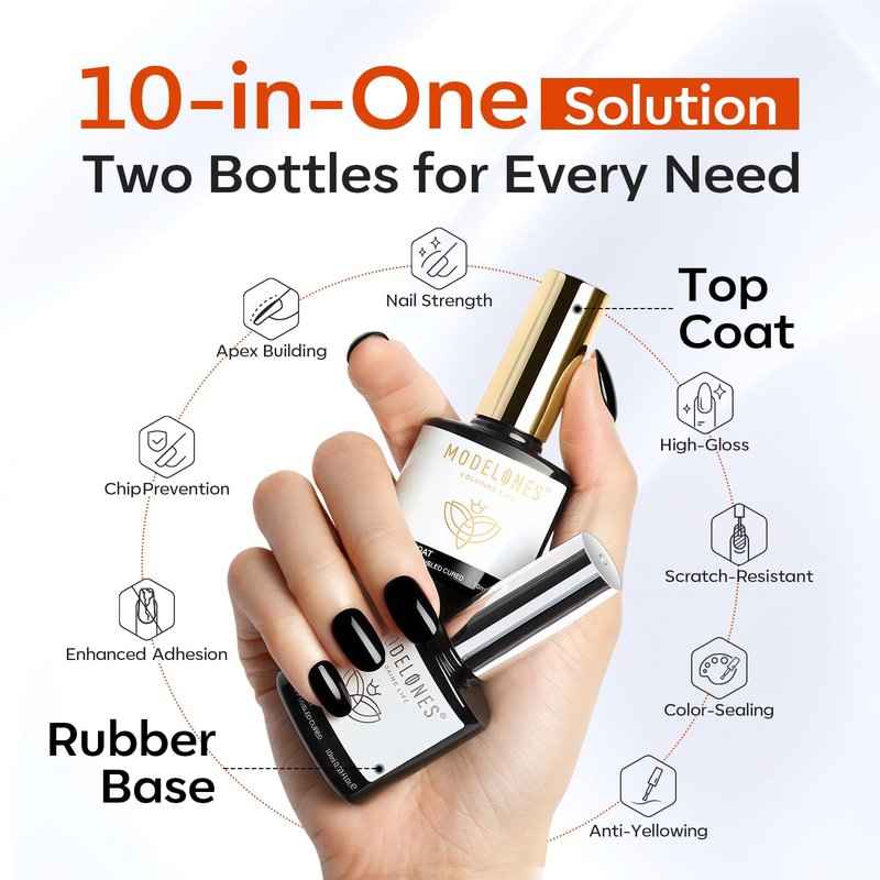 modelones Rubber Base Top Coat Set, Builder Nail Gel No Wipe Glossy 2Pcs Clear Gel Polish Strengthener for Apex Building Nail Glue Long Lasting Shiny Protect Thin Weak Nails Soak Off U V Manicure Gift