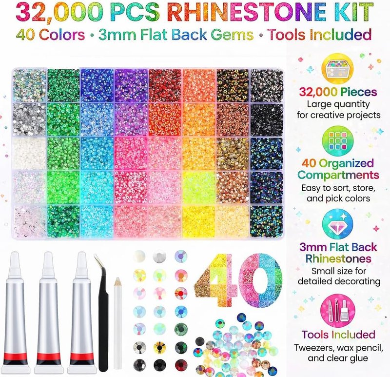 32000 PCS Rhinestones by Skiennix - Multicolor 3mm Flatback Gems for Nail Art & Craft Projects