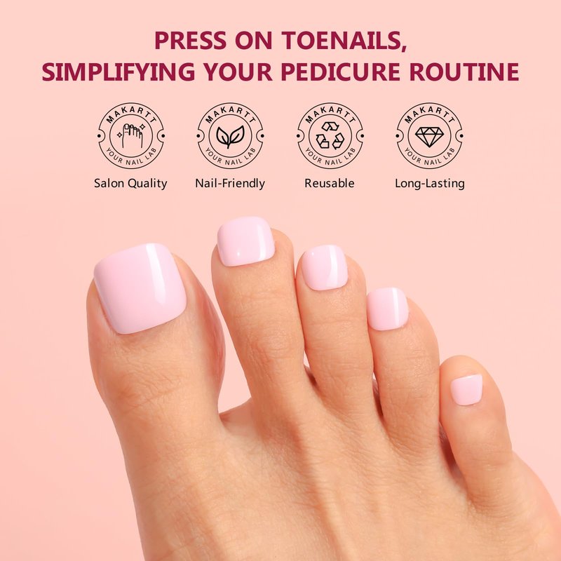 Makartt Press on Nails: Short Glossy Pink Toenail Kit with Glue, 24PCS Natural Fit for Women, Includes Adhesive Tabs, Stick, and File, Pedicure Set for Home Salon