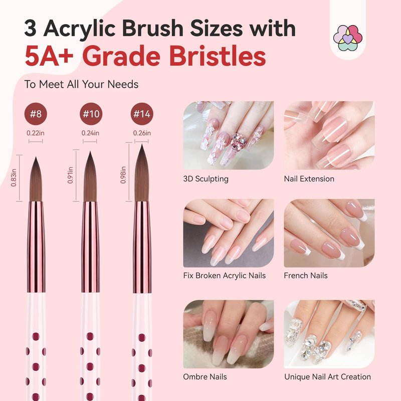 SAVILAND 3PCS Acrylic Nail Brush Set: Size 8/10/14 Kolinsky Acrylic Brush Professional Nail Brushes for Acrylics Powder, 3D Carving & Nails Extensions, Pink Manicure Tool for DIY Home Salon