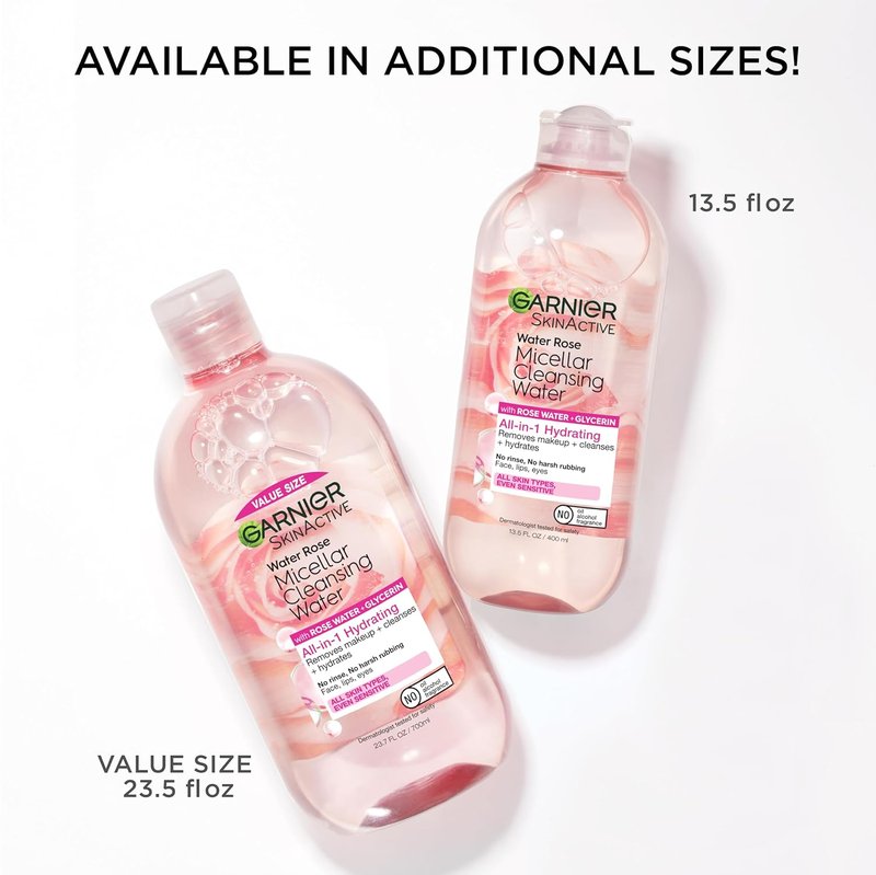 Garnier Micellar Water - Hydrating Facial Cleanser & Makeup Remover | Rose Water & Glycerin, 13.5 Fl Oz