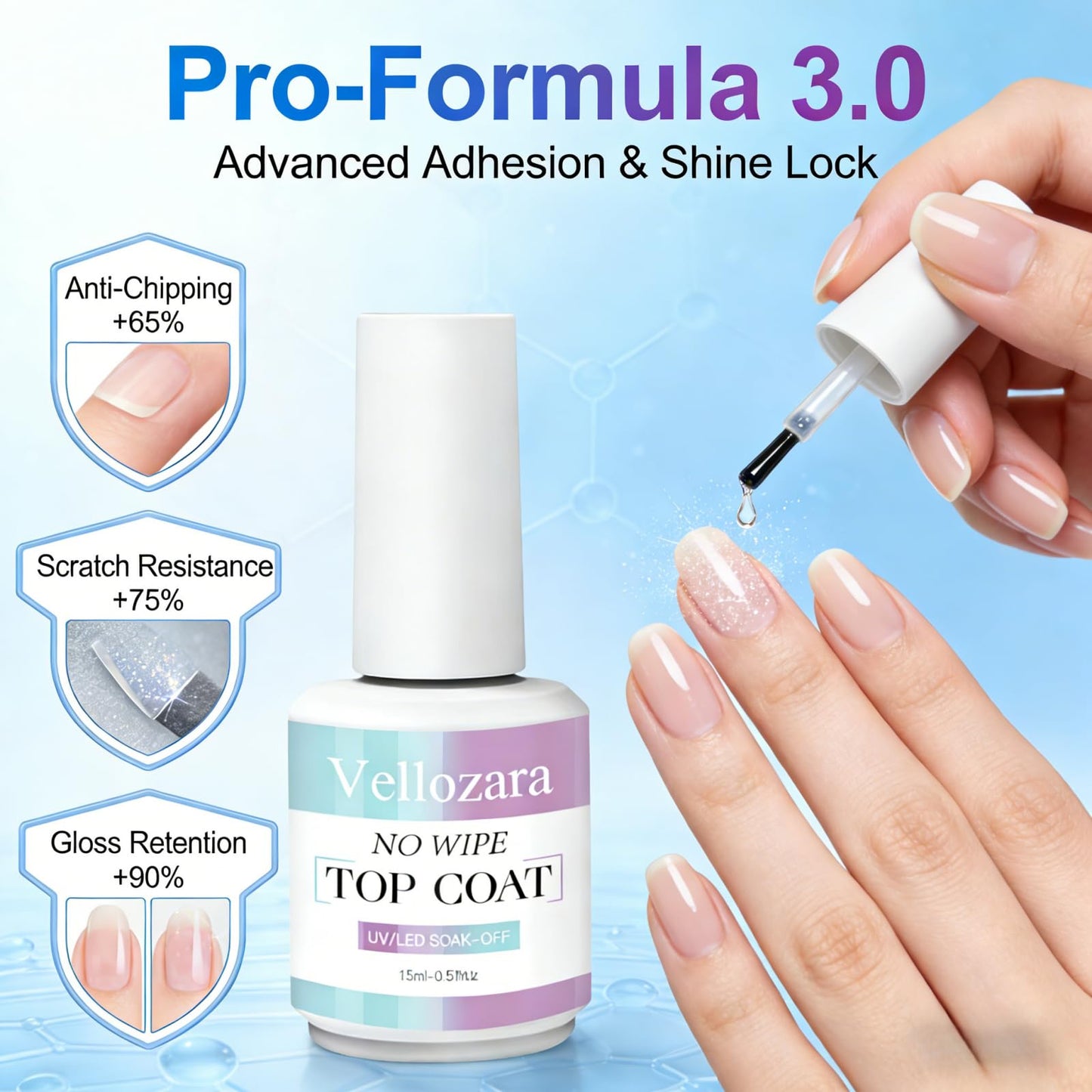 Vellozara Gel Top Coat Nail Polish, No Wipe Gel Top Coat, Clear Color Nail Polish Shine Finish and Long Lasting, Salon Quality Art Design for Home Use Beauty, Need U V/LED Lamp, for Girls Gift 15ml