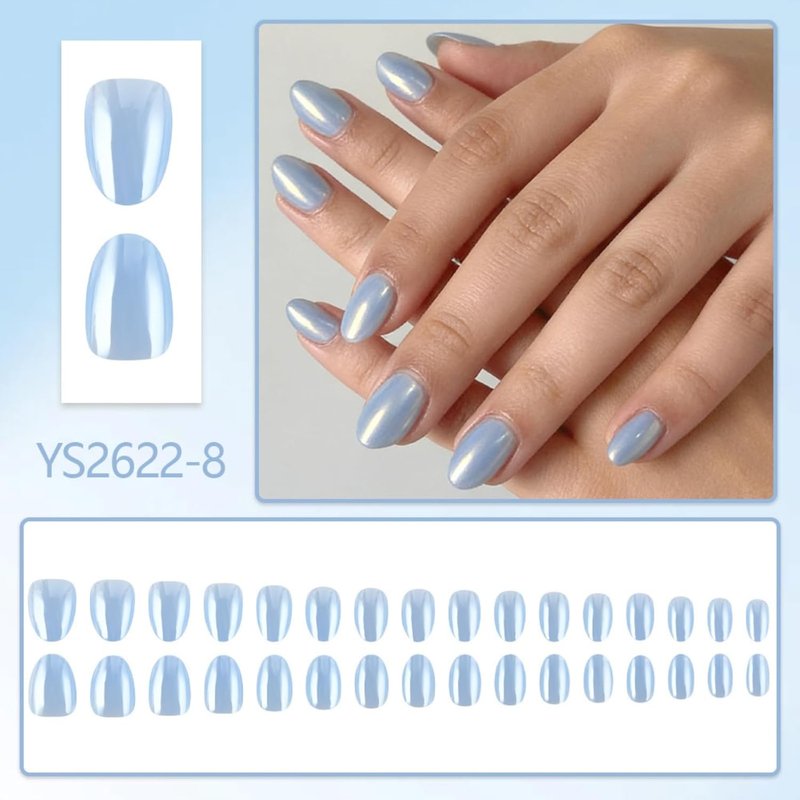 Skiennix Light Blue Press-On Nails - Short Oval Chrome Design | Reusable Full Cover 32 Pcs