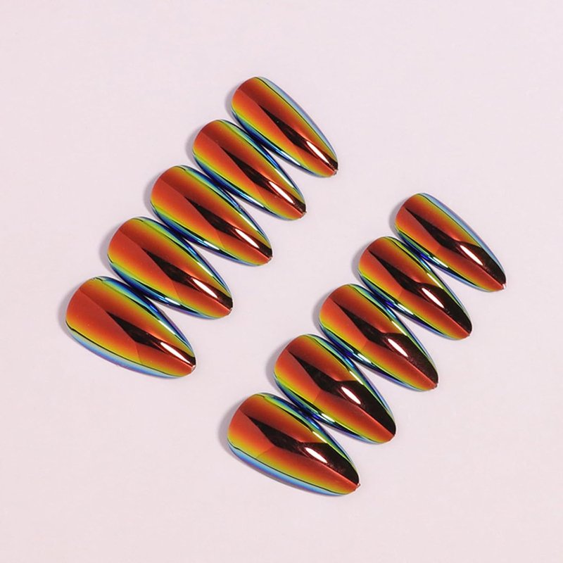 Skiennix 24Pcs Chrome Press-On Nails - Medium Almond Black Aurora Glossy Full Cover Nail Tips