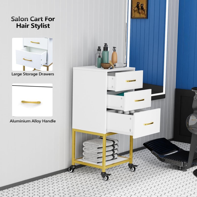 OmySalon Salon Storage Trolley Cart, White Gold Salon Station for Stylist, Beauty Wooden Hair Cabinet with Dryer Holder & Drawer, Hairdressing Tools Organizer Equipment for Spa Barbershop