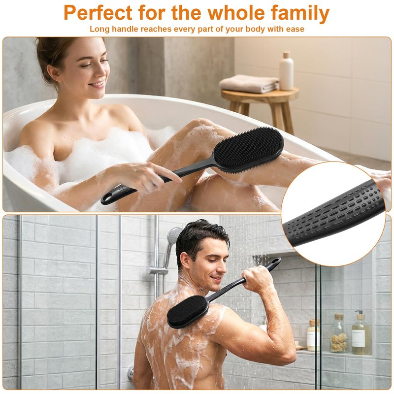 Silicone Back Scrubber for Shower, Long Handle Silicone Body Scrubber with 5.4" Wide Brush Head, Double Sided Back Brush for Shower Exfoliating Massage, 16.5" Silicone Back Brush for Men & Women