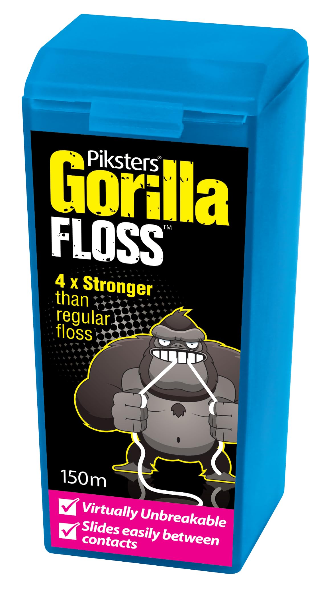 Piksters Gorilla Floss, 150 Meters (164 Yds), Extra Strong Dental Floss, Plaque Remover for Teeth, Shred Resistant, Smooth Gliding, Waxed, Deep Cleaning Teeth Flosser, Oral Care for Adults & Kids