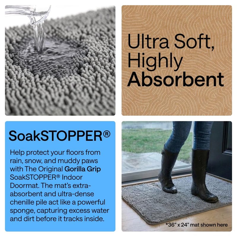 GORILLA GRIP SoakSTOPPER Dog Door Mat, 36x24 Machine Washable Rug Absorbent Doormat Captures Moisture Mud Dirt, Quick Dry Soft Chenille Entryway Rugs Indoor Entrance Mats for Dog Paws, Grey