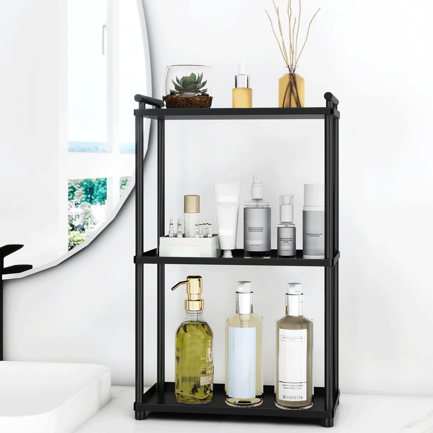 VOTZAAQ 3 Tier Bathroom Organizer Countertop, Stainless Steel Perfume Tray and Vanity Countertop Shelf, Makeup Skin Care Bathroom Organizers and Storage for Dresser, Kitchen (Matte Black)