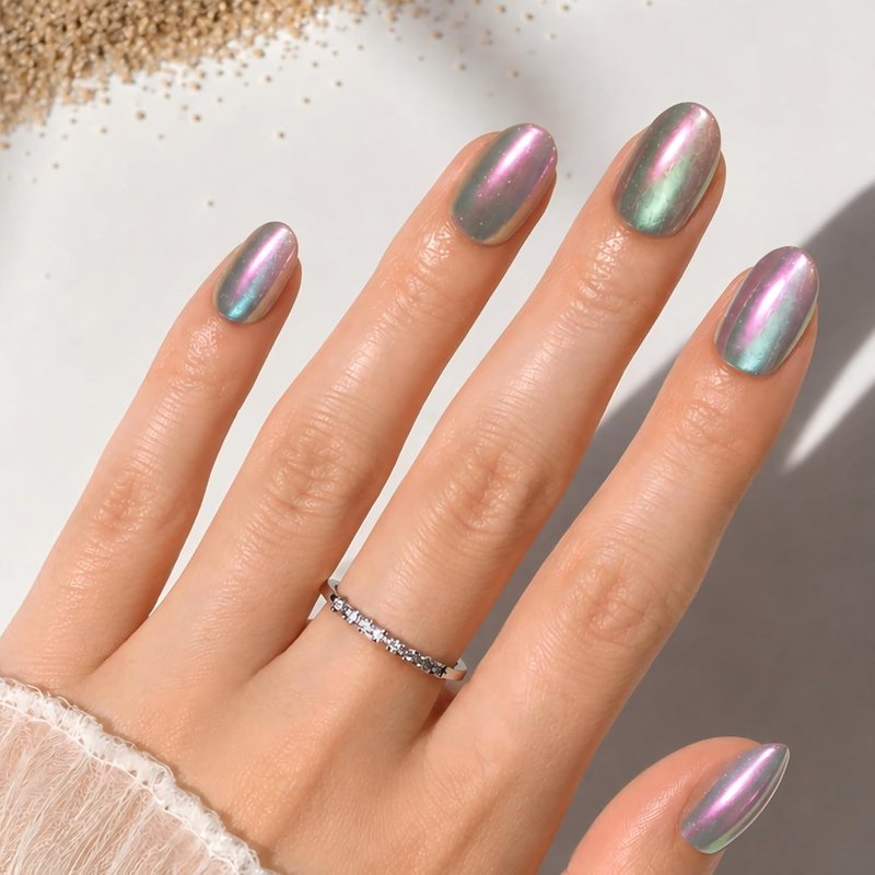 Press On Nails - Aurora Pearl | Iridescent Chrome Short Oval Fake Nails | 30 Nail Kit with Glue, 15 Sizes Available