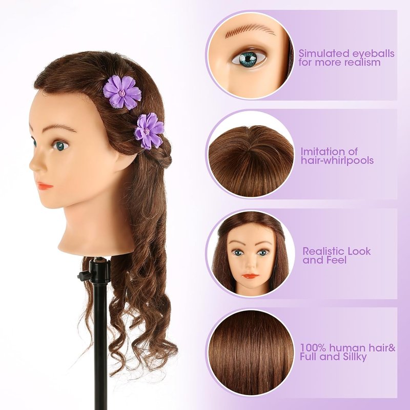 Skiennix Mannequin Head - 100% Human Hair Cosmetology Training Doll | 18'' Dark Brown with Blue Eyes