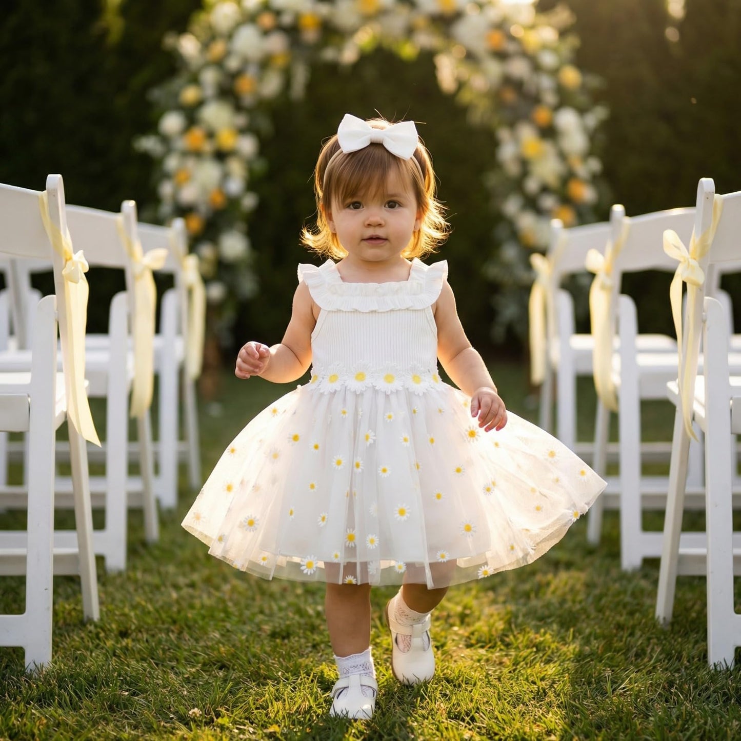Toddler Girl Daisy Dress Set 3Pcs Ribbed Knit Tulle Sundress with Bag & Headband Cute Summer Floral Outfit for First Birthday Party White 6-9Months