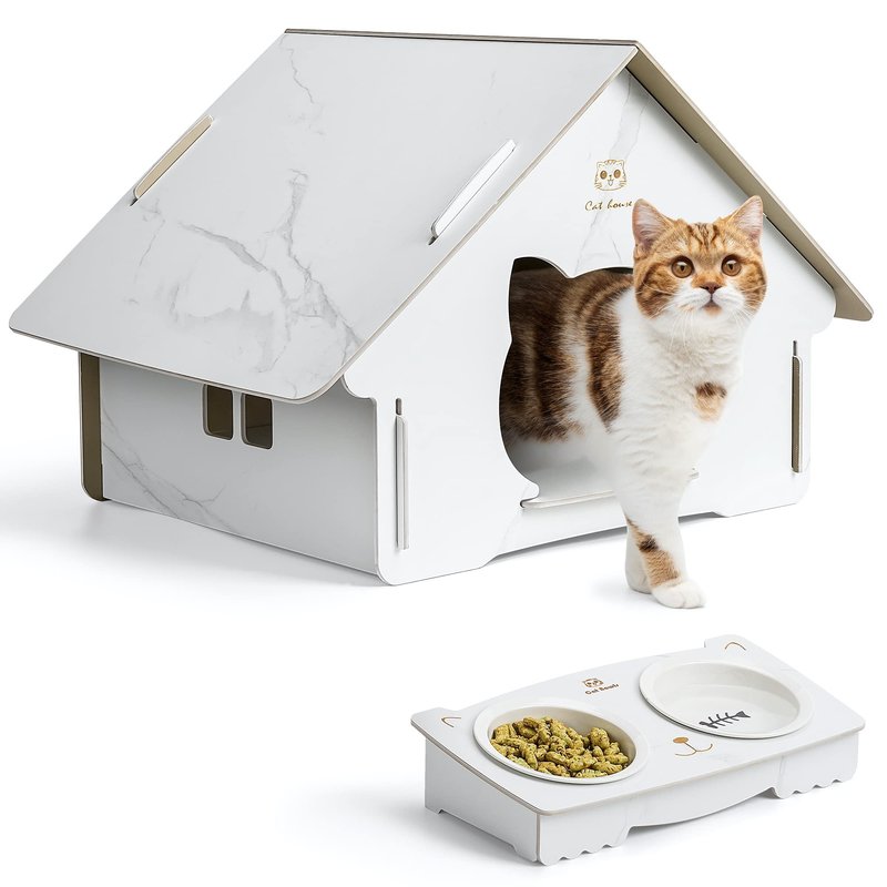 Outdoor Cat House,Collapsible Weatherproof Cat Houses for Outdoor/Indoor Cats,Solid Cat House with Elevated Cat Bowls, Easy to Assemble House for Small Cat…