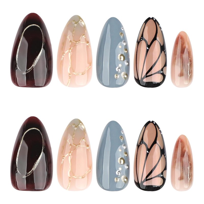 Skiennix 3D Butterfly Wings Press-On Nails - Blue & Brown Almond Shape | Reusable Acrylic with Adhesive Tabs